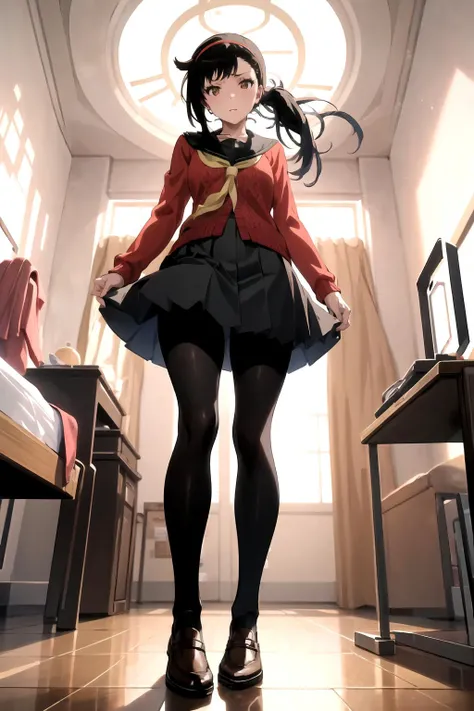 masterpiece, best quality, absurdres, incredibly detailed, official artwork,bedroom,on bed
BREAK
onodera haru, <lora:ä»°æè§è§V1.2:.4>1girl,from below,full body,Fisheye lens,walking, <lora:amagi_yukiko_v1:.7> aayukiko, long hair, hairband, school uniform, serafuku, red cardigan, long sleeves, black skirt, black pantyhose
