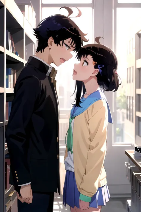 1girl, 1boy, standing  from side,school uniform,imminent kiss,masterpiece, best quality, absurdres, incredibly detailed, official artwork
BREAK
1boy,raku, school uniform, open mouth,smile,
BREAK
1girl,onodera haru,open mouth,staring,angry,(school uniform),