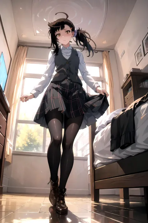 ((long hair)), clear eyes, detailed face, blushed, mature, wearing loli dress, ((lifting up skirt, blue underwear, black thigh high socks)), knee highs, on bed, full body, starry night, diffused lighting, depth of field, absurdres, high res, ultrasharp, 8K, masterpiece, looking at viewer