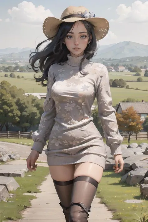 woman with gray hair, (Knit_sweater_dress:1.5),(Thigh-high_boots:1.4),(Felt_fedora_hat:1.3),(Countryside_background:1.5), hair_style