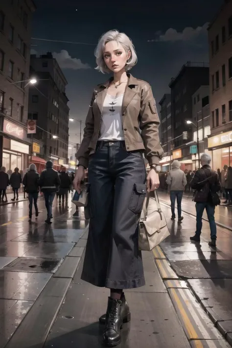 woman with gray hair, (Suede_jacket:1.5),(Wide-leg_pants:1.4),(Ankle_boots:1.3),(City_night_lights_background:1.3), hair_style