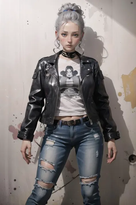 woman with gray hair, (Leather_biker_jacket:1.4),(Distressed_jeans:1.3),(Studded_ankle_boots:1.2),(Street_graffiti_background:1.4), high ponytail