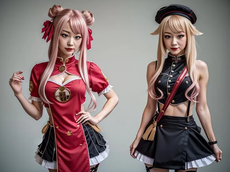 <lora:himehina-10:1>tanaka hime, pink hair, sidelocks, hair ribbon, chinese clothes, frills, red dress, black skirt, short skirt, cleavage cutout, suzuki hina, blonde hair, long hair, purple eyes, skinny, small breasts, hat, blue crop top, midriff, sleeveless, suspender shorts, armband, sash, himehina, 2girls, masterpiece, best quality