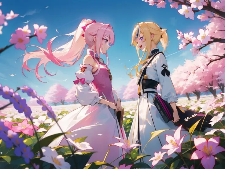 <lora:himehina-10:1>tanaka hime, pink hair, streaked hair, multicolored hair, sidelocks, suzuki hina, blonde hair, long hair, purple eyes, skinny, small breasts, himehina, 2girls, white dress, ponytail, flower field, from side, :D, masterpiece, best quality