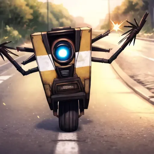 <lora:ClapTrap:0.6>, claptrap,
running on road