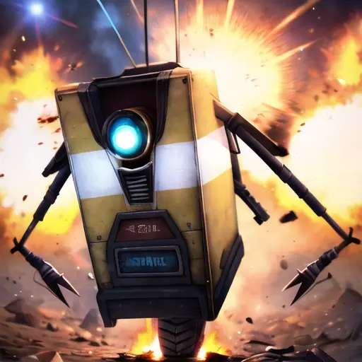 <lora:ClapTrap:0.6>, claptrap,
explosion in background