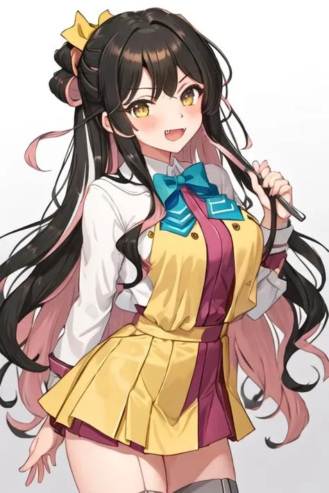 best quality, masterpiece, highres, solo, {naganami_kantaicollection:1.15}, multicolored_hair, pink_hair, black_hair, long_hair, two-tone_hair, yellow_eyes, smile, fang, wavy_hair, ribbon, open_mouth, bow, blush, breasts, hair_ribbon