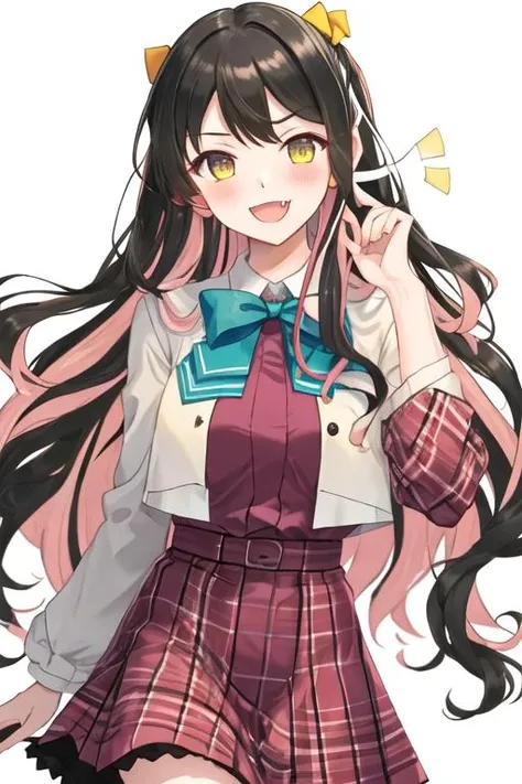 best quality, masterpiece, highres, solo, {naganami_kantaicollection:1.15}, multicolored_hair, pink_hair, black_hair, long_hair, two-tone_hair, yellow_eyes, smile, fang, wavy_hair, ribbon, open_mouth, bow, blush, breasts, hair_ribbon, 1girl, holding, looking_at_viewer, simple_background, alternate_costume, dress, one_eye_closed, white_background