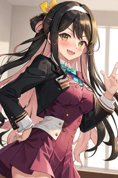 best quality, masterpiece, highres, solo, {naganami_kantaicollection:1.15}, multicolored_hair, pink_hair, black_hair, long_hair, two-tone_hair, yellow_eyes, smile, fang, wavy_hair, ribbon, open_mouth, bow, blush, breasts, hair_ribbon, 1girl, blazer, bowtie, dress, hair_down, hairband, halterneck, jacket, looking_at_viewer, white_hairband, large_breasts, purple_dress