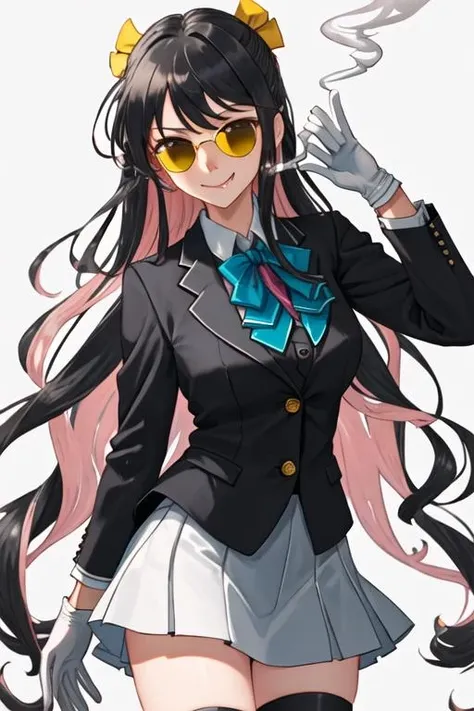 best quality, masterpiece, highres, solo, {black business suit:1.40}, {tie:1.20}, {sunglasses:1.25}, {white gloves:1.15}, {white shirt:1.10}, {black skirt:1.15}, {smoking:1.20}, handsome, {naganami_kantaicollection:1.15}, multicolored_hair, pink_hair, black_hair, long_hair, two-tone_hair, yellow_eyes, smile, fang, wavy_hair, ribbon, open_mouth, bow, blush, breasts, hair_ribbon