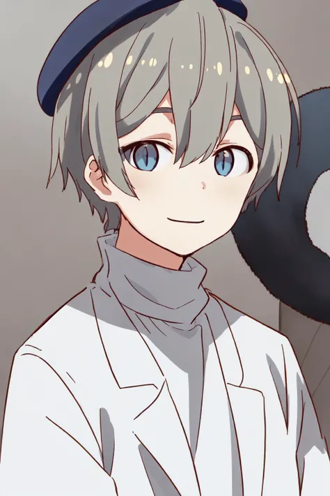 <lora:UmiNakano:1> Kanojo Umi Nakano, 1boy, beret, blue eyes, closed mouth, grey hair, hair between eyes, hat, looking at viewer, male focus, portrait, short hair, simple background, smile, solo