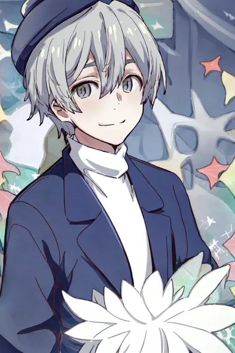 <lora:UmiNakano:1.3> Kanojo Umi Nakano, 1boy, beret, blue jacket, blurry, blurry background, closed mouth, grey eyes, grey hair, hair between eyes, hat, jacket, male focus, outdoors, smile, solo, sweater, turtleneck, turtleneck sweater, upper body, white sweater