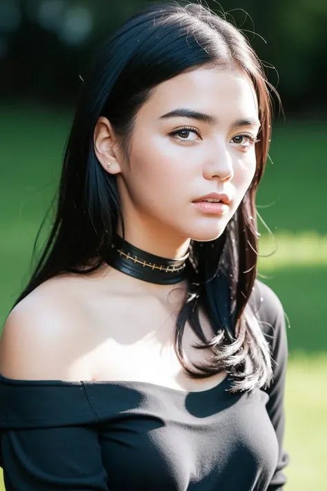 est quality, ultra high res, (photorealistic:1.4), 1girl, off-shoulder dress, black skirt, black choker, (faded ash gray hair:1), (medium breasts:1.2), (busty:1), looking at viewer, closeup,<lora:CK:0.8>