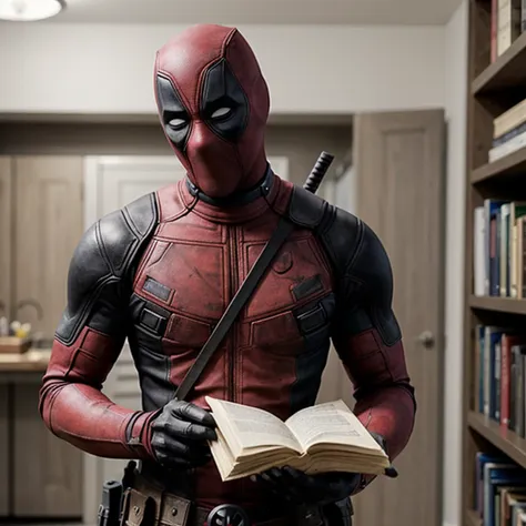 Deadpool reading "The Anarchist's Cookbook" but holding it upside down