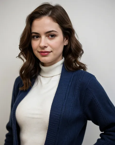 a professional absurdres intricately detailed sharp focus photograph of a beautiful 1girl (C0nor_L3sl1e:0.9) wearing a blue cardigan over a red turtleneck and tight blue jeans standing in the Heisman Trophy pose