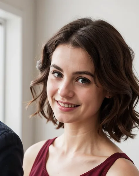 a professional absurdres intricately detailed sharp focus photograph of a beautiful 1girl (Lynds3yG4rr3tt:0.9) with a bright smile wearing a red dress with gold filagree trim  in a warmly lit cottage kitchen,
bokeh, f1.4, 85mm, photorealistic, raw, textured skin,