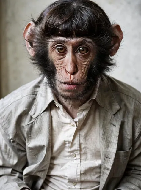 absurdres, sharp focus, clear focus, intricate details, professional photograph of (MonkeyLoraV1:1.1) who has arrived in a dapper outfit for a job interview for the position of motivational speaker,
 <lora:abandoned school_v1:0.4> ,
 <lora:MonkeyLoraV1:0.9>