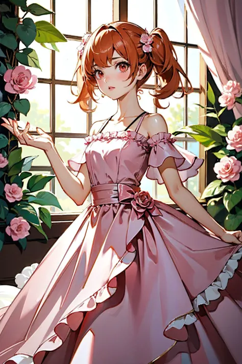 (Masterpiece:1.3), (best quality:1.2), 1girl, orange hair, short hair, red eyes, twintails, flat chest,, (r0s3dr3ss:1.3), pink dress, frills, pink roses, (fluffy dress:1.2), <lora:r0s3dr3ss_freckledvixon:1.0>