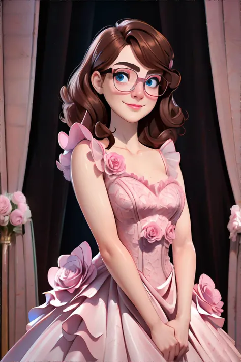 <lora:rosegown-freckledvixon:0.7>, r0s3dr3ss, pink wedding dress, frills, pink roses, fluffy dress, <lora:bzl:0.8>, bzl_test, short wavy brown hair, (grey|blue) eyes, glasses, (freckles:0.4), closed smile || skin, hair, clothing, masterpiece, 8k, high resolution, shallow depth of field, sharp focus