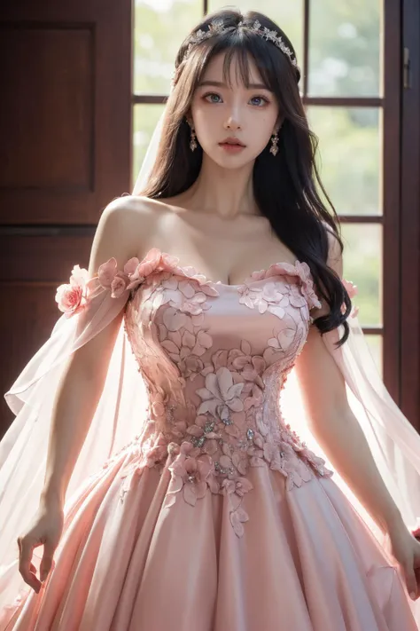 (Best Quality, Masterpiece:1.4), (Realism:1.2), (Realisitc:1.2), (Absurdres:1.2), (photorealistic:1.3), 1 girl,Realistic Skin,Solo,( Very Big Eyes,beautiful detailed eyes, symmetric eyes,), <lora:misakinakamura:0.3>,Long hair,Bangs,<lora:r0s3dr3ss:0.65>,r0s3dr3ss, (pink wedding dress,Flower Dress), frills, fluffy dress,Cleavage,Sleeves, frills,, fluffy dress,,Cowboy Shot,Simple Backgroud,<lora:fitgirl_4:0.5>.Bare Hand,