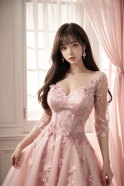 (Best Quality, Masterpiece:1.4), (Realism:1.2), (Realisitc:1.2), (Absurdres:1.2), (photorealistic:1.3), 1 girl,Realistic Skin,Solo,( Very Big Eyes,beautiful detailed eyes, symmetric eyes,), <lora:misakinakamura:0.3>,Long hair,Bangs,<lora:r0s3dr3ss:0.65>,r0s3dr3ss, (pink wedding dress,Flower Dress), frills, fluffy dress,Cleavage,Sleeves, frills,, fluffy dress,,Cowboy Shot,Simple Backgroud,<lora:fitgirl_4:0.5>.Bare Hand,