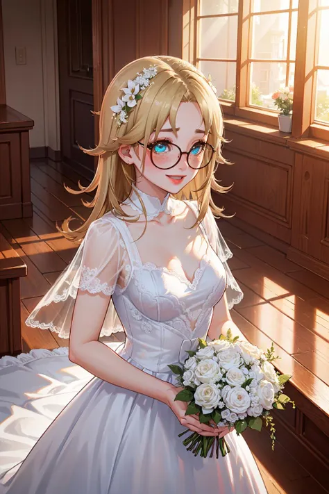 (extremely detailed fine touch:1.2), (natural light, sun light, light rays, dappled light, ray tracing:1.2) , masterpiece, best quality, highly quality ,
sugar_ser0, 1girl, solo,looking at viewer,freckles,blush,framed eyewear,
indoors, wedding dress, bouquet of flowers, church, happy, smile,crying ,room, elegant room,
 <lora:Sugarser0v3-08:0.68>