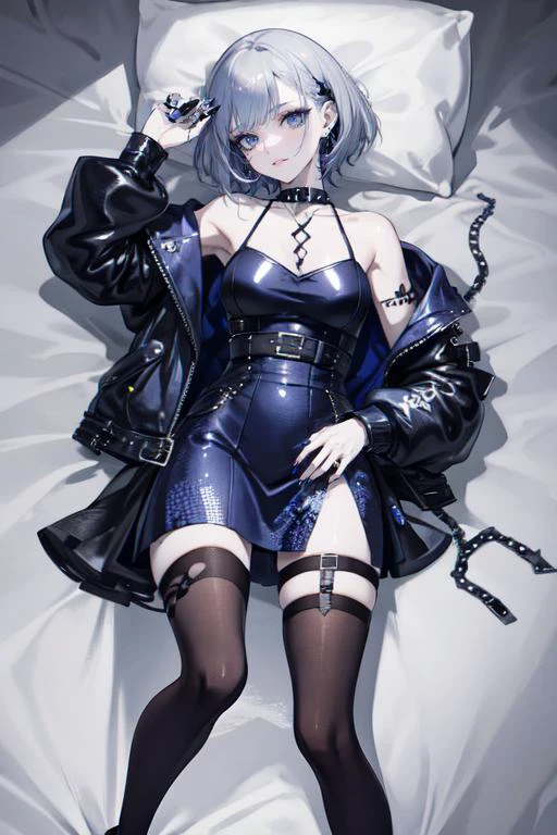 (otherworldly), highly insanely detailed, masterpiece, top quality, best quality, highres, 4k, 8k, RAW photo, (very aesthetic, beautiful and aesthetic), breasts apart, (sagging breasts:0.5), ba,
lying, on back,
punk wearing a patched denim jacket with graffiti art motifs,-> babydoll dress with a bold graphic print, paired with rippedmesh tights,platform creepers, deep shade of indigo buzzcut, lip piercing, smudged eyeliner,spiked choker,spiked collar,plethora of chunky silver rings,
<lora:Breasts_Apart-V02:0.5>, (fantasy world)