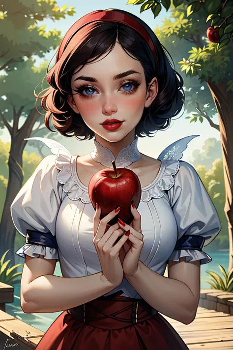 ((ultra detailed, masterpiece, best quality))
<lora:DisneySnowWhite:0.9>
DisneySnowWhite, 1girl, fruit, apple, solo, food, blue eyes, holding fruit, holding, holding food, short sleeves, bow, hairband, puffy sleeves, looking at viewer, red lips, puffy short sleeves, red bow, upper body, hair bow, makeup, lipstick, nail polish, red hairband, short hair, blush, dress, parted lips, signature, eyelashes