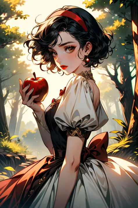 ((ultra detailed, masterpiece, best quality))
 <lora:DisneySnowWhite:0.9>
DisneySnowWhite, 1girl, solo, black hair, short hair, brown eyes, red lips, dress, hairband, bow, apple, forest