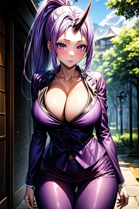 best quality, masterpiece, 1girl, (solo:1.1), raytracing, ultra detailed,detailed face, 8k wallpaper, large breasts, wide hips, <lora:more_details:1>, ShionTensuraNDV, long hair, ponytail, ((single horn)), oni, purple hair, purple eyes, breasts, looking at viewer, purple pants, (shirt:1.2), purple jacket, cleavage, standing, outdoor, <lora:ShionTensuraNDV:0.7>