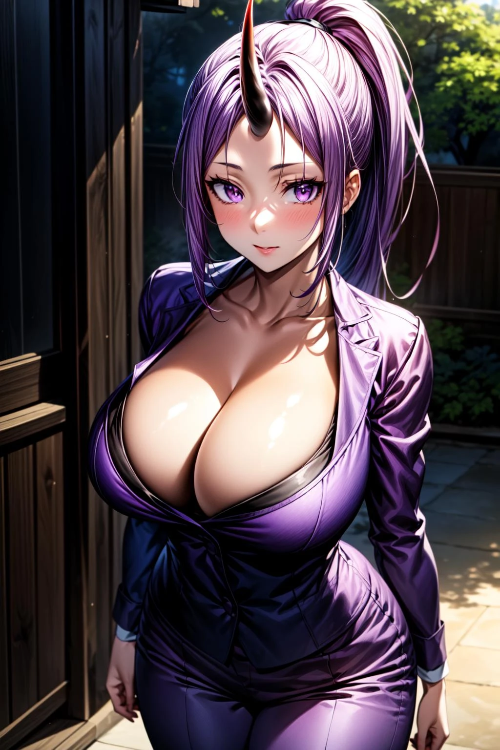 best quality, masterpiece, 1girl, (solo:1.1), raytracing, ultra detailed,detailed face, 8k wallpaper, large breasts, wide hips, <lora:more_details:1>, ShionTensuraNDV, long hair, ponytail, ((single horn)), oni, purple hair, purple eyes, breasts, looking at viewer, purple pants, (shirt:1.2), purple jacket, cleavage, standing, outdoor, <lora:ShionTensuraNDV:0.7>