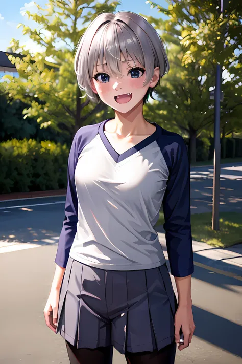 uzaki, uzaki hana, uzaki chan wants to hang out, masterpiece, best quality, highres, shirt, collarbone, fang, short hair, silver hair, fang, outdoors, school uniform,
(((realistic))), ultra realistic, highres, absurdres, incredibly absurdres, 4k,
<lora:Uzaki:0.8>