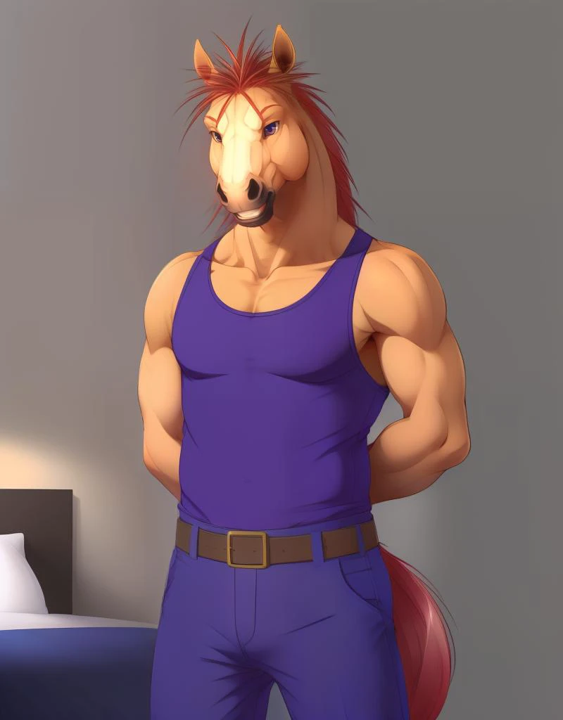 Male , white body, white skin, equine, anthro unicorn, Muscular, femboy, solo, thin waist, thick thighs, round ass, hourglass figure, pink hair, high heels, soft chest, smile, seductive pose, naked, horse penis, balls, submissive