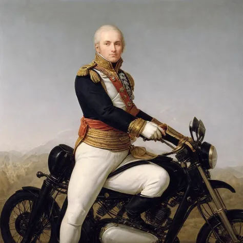 <lora:Antoine-Jean-Gros-V1:0.6> ajgneoclassicsmv1, a man wearing a military uniform riding a motorcycle