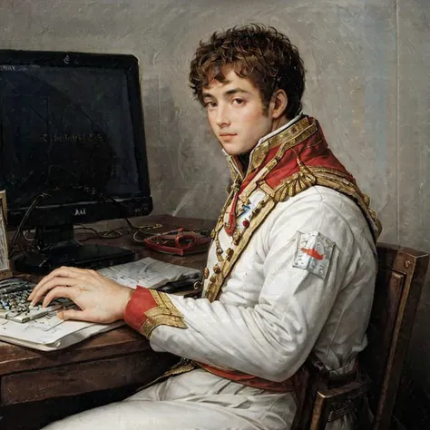 <lora:Antoine-Jean-Gros-V1:0.6> ajgneoclassicsmv1, (computer:1.5), a man wearing a military uniform sitting in an office using a desktop computer