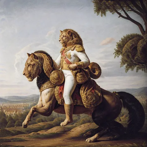 <lora:Antoine-Jean-Gros-V1:0.6> ajgneoclassicsmv1, a man wearing a military uniform, riding a (lion:1.3)