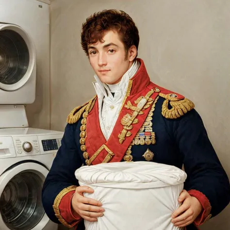 <lora:Antoine-Jean-Gros-V1:0.6> ajgneoclassicsmv1, a man wearing a military uniform doing laundry in a laundromat