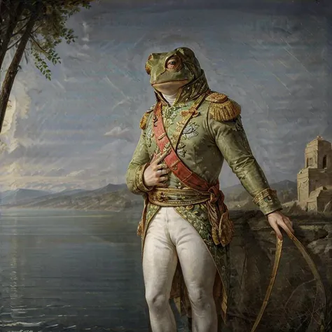 <lora:Antoine-Jean-Gros-V1:0.6> ajgneoclassicsmv1, (a frog:1.3) wearing a military uniform, standing, outdoors