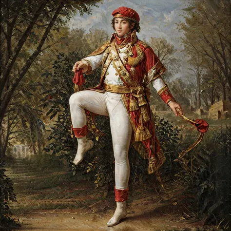 <lora:Antoine-Jean-Gros-V1:0.6> ajgneoclassicsmv1, a man wearing a military uniform, (standing on one foot:1.3), (wearing a fez:1.5), in a garden