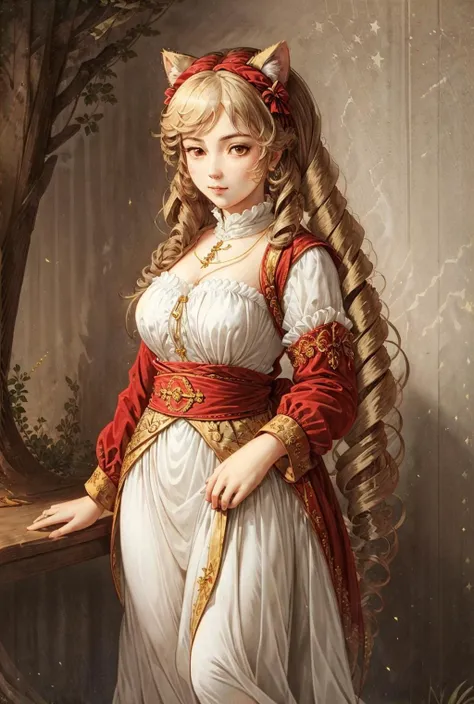 ajgneoclassicsmv1,portrait of a woman,portrait <lora:ÑÑÐ¸Ð»Ñ Ð½ÐµÐ¾ÐºÐ»Ð°ÑÑиÑизма XVIII век(ajgneoclassicsmv1,portrait of a woman,portrait):0.5>, <lora:ÐоÑка-девоÑка из Ñок ÑоÑ(Himeko, very long hair, red eyes, hair bow, twin_drills, twintails, long hair,cat ears, yellow cat ears,):0.7>,Himeko, very long hair, red eyes, hair bow, twin_drills, twintails, long hair,cat ears, yellow cat ears, (((masterpiece))), (((best quality))), (((illustration))), (((finely detail))), ((extremely detailed cg unity 8k wallpaper, highres)), (beautiful detailed face and eyes and hair:1.1), (an extremely delicate and beautiful girl:1.2), ultra-detailed, ultra high res, high quality, 4K, extreamly delicate and beautiful, full_body, standing, in full growth, hourglass waist