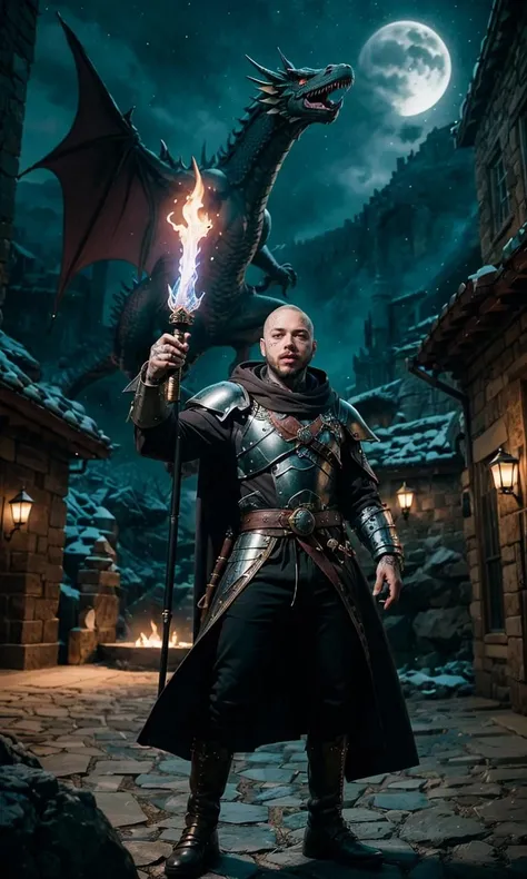 postym2023, as a dark wizard, male focus, brown hair, tattoo, face tattoo, grills, silver tooth, short hair, buzzcut, head tatto, hyper realistic, analog style, raw image, 8k, uhd, best quality, award winning photo, rtx on, unreal engine 5, dramatic lighting, piercings, action shot, holding epic staff, magic the gathering, night, outdoors, fantasy castle, dragon in background, depth of field, epic fantasy, armored robes, magic power,
