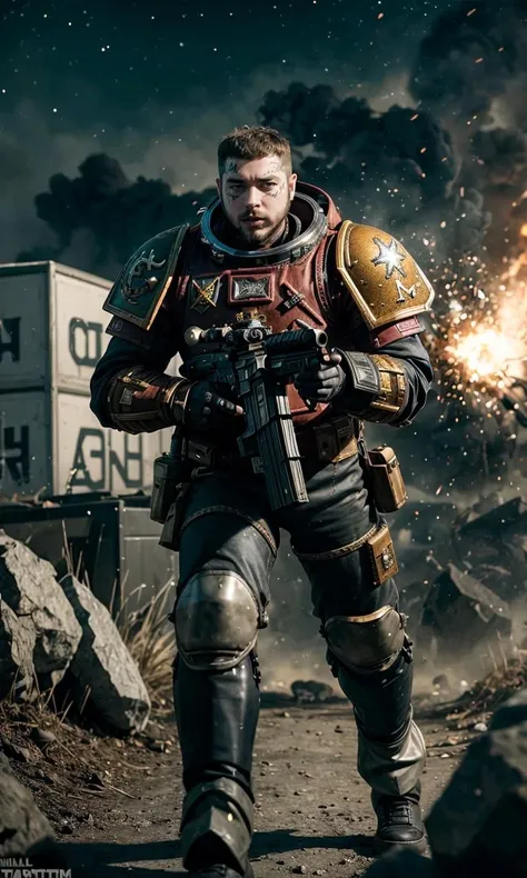 postym2023, space marine armor, male focus, brown hair, tattoo, face tattoo, grills, silver tooth, short hair, buzzcut, head tatto, hyper realistic, analog style, raw image, 8k, uhd, best quality, award winning photo, rtx on, unreal engine 5, dramatic lighting, piercing, running into battle, action shop, holding rifle, Warhammer 40k, Darktide, night, outdoors, explosions in background, depth of field,