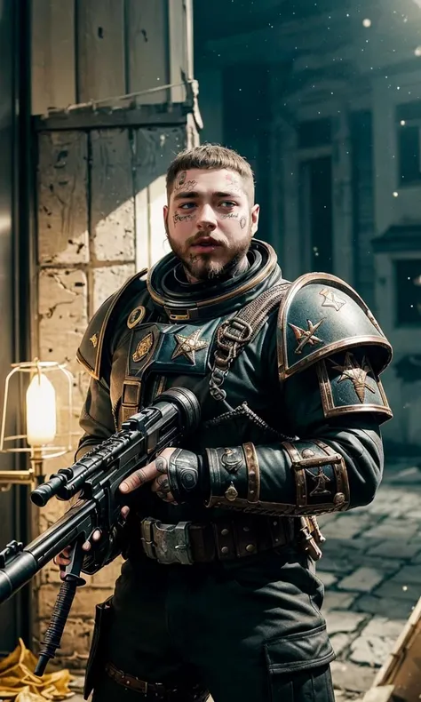 postym2023, space marine armor, male focus, brown hair, tattoo, face tattoo, grills, silver tooth, short hair, buzzcut, head tatto, hyper realistic, analog style, raw image, 8k, uhd, best quality, award winning photo, rtx on, unreal engine 5,  dramatic lighting, piercing, running into battle, action shop, holding rifle, warhammer 40k, darktide, night, indoors,