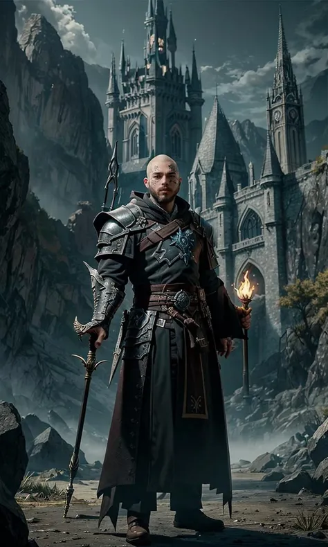 postym2023, as a dark wizard, male focus, brown hair, tattoo, face tattoo, grills, silver tooth, short hair, buzzcut, head tatto, 8k, uhd, best quality, rtx on, unreal engine 5, dramatic lighting, piercings, action shot, holding epic staff, long staff, magic the gathering, night, outdoors, fantasy castle, dragon in background, depth of field, epic fantasy, armored robes, magic power,