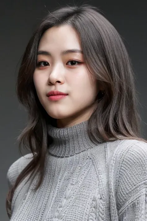 masterpiece, best quality, ultra-detailed, ultra high res, (photorealistic:1.4), raw photo, (realistic:0.2), 8k HDR, realistic lighting, 1girl, solo, looking at viewer, asymmetrical hair, (detailed oily skin), (detailed face), (simple gray background :1.1), (upper body:1.2), knitwear, zentangle pattern, turtleneck, long pants,
