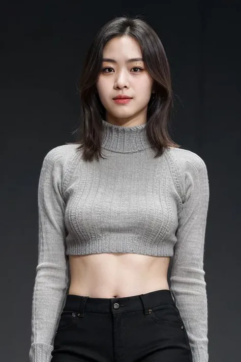 masterpiece, best quality, ultra-detailed, ultra high res, (photorealistic:1.4), raw photo, (realistic:0.2), 8k HDR, realistic lighting, 1girl, solo, looking at viewer, asymmetrical hair, (detailed oily skin), (detailed face), (simple gray background :1.1), (upper body:1.2), knitwear, turtleneck, long pants,