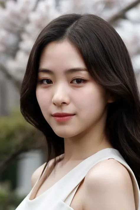 1girl,(RAW photo, best quality), (realistic, photo-realistic:1.4), masterpiece, an extremely delicate and beautiful, extremely detailed, 2k wallpaper, Amazing, finely detail, extremely detailed CG unity 8k wallpaper, ultra-detailed, highres, soft light, beautiful detailed girl, extremely detailed eyes and face, beautiful detailed nose, beautiful detailed eyes,cinematic lighting,perfect anatomy,slender body, wearing a white avantgarde peplum dress,(bokeh:1.2), at a flower park,sakura flowers,flower garden, looking at viewer, basic makeup