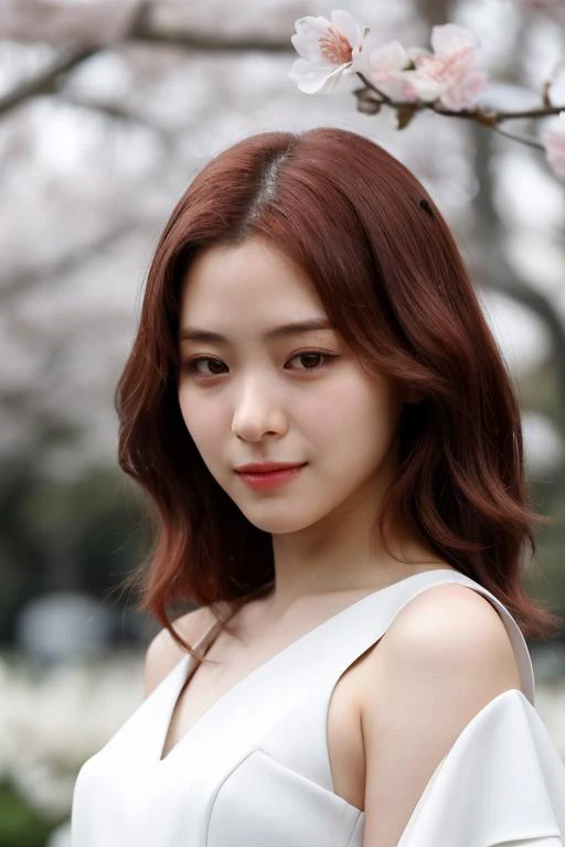 1girl,(RAW photo, best quality), (realistic, photo-realistic:1.4), masterpiece, an extremely delicate and beautiful, extremely detailed, 2k wallpaper, Amazing, finely detail, extremely detailed CG unity 8k wallpaper, ultra-detailed, highres, soft light, beautiful detailed girl, extremely detailed eyes and face, beautiful detailed nose, beautiful detailed eyes,cinematic lighting,perfect anatomy,slender body, wearing a white avantgarde peplum dress,(bokeh:1.2), at a flower park,sakura flowers,flower garden, red hair, looking at viewer, basic makeup