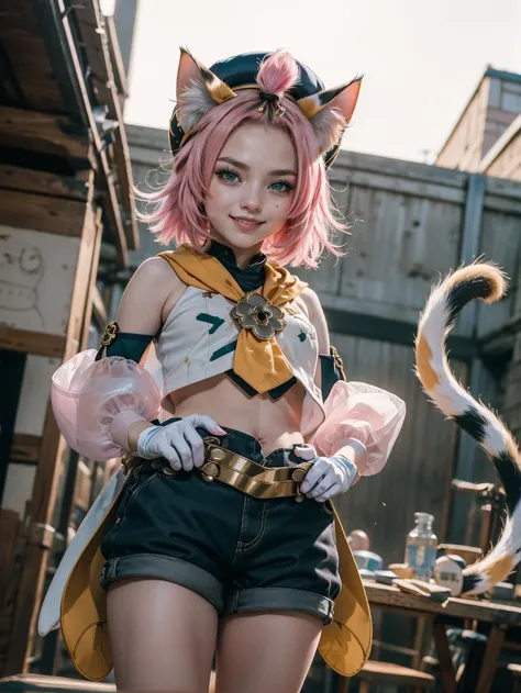 (best quality, masterpiece, colorful, dynamic angle, highest detailed),1girl, smile,animal ears, solo, diona (genshin impact), <lora:diona:0.8> animal ears, solo, diona (genshin impact), cat ears, pink hair, tail, navel, cat tail, animal ear fluff, hat, shorts,green eyes, cat girl, gloves, white gloves, detached sleeves