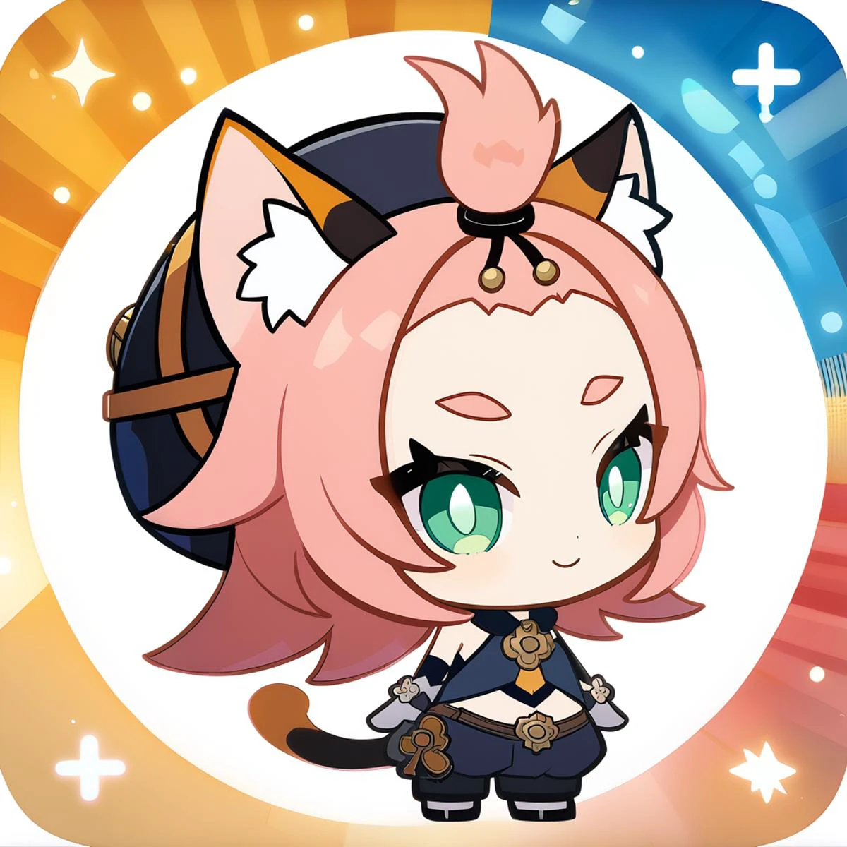 <lora:diona:1> 1girl, animal ears, solo, diona (genshin impact), cat ears, pink hair, tail, navel, cat tail, animal ear fluff, hat, shorts, green eyes, cat girl, gloves, white gloves, detached sleeves, 4k, uhd, absurdres, featured on pixiv, simplistic shading, anime art, anime, cel shading, detailed eyes, circle, smile <lora:CircleArt_Sora_SD15:0.9> chibi, gacha style, <lora:Gacha_Style:1>